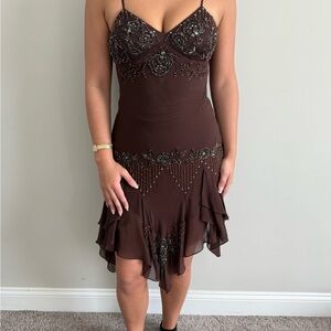 Sue Wong Brown Beaded Spaghetti-Strap Mini Dress